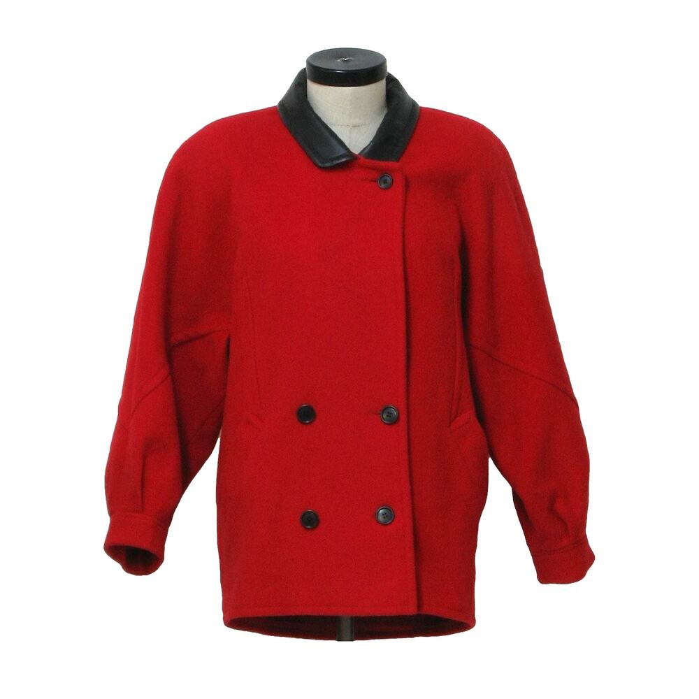 Vintage 80s Red Wool Coat Jacket Leather Collar Women's Medium Power Shoulder